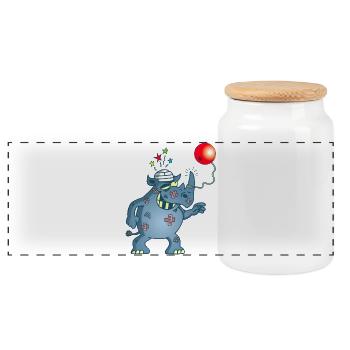 A rhinoceros plays bilboquet - Panoramic Cookie Jar with Wooden Lid - white - Front