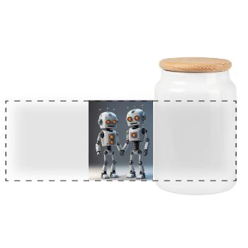 Roboter Pärchen - Panorama Keksdose mit Holzdeckel - Weiß - Vorne