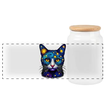 Cat - Panoramic Cookie Jar with Wooden Lid - white - Front