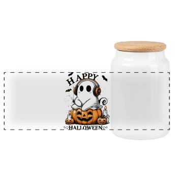 fantôme cool avec des écouteurs sur la citrouille d’halloween - Boîte à biscuits avec couvercle en bois - blanc - Devant