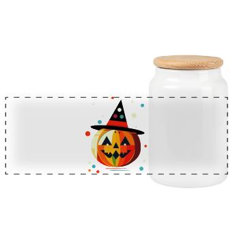 Halloween Kürbis in bunten Farben mit Hexenhut - Panorama Keksdose mit Holzdeckel - Weiß - Vorne