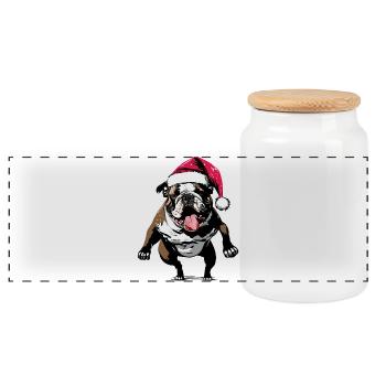 Funny Bulldog with Santa Hat - Panoramic Cookie Jar with Wooden Lid - white - Front