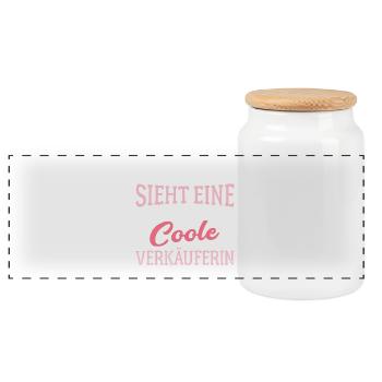 So sieht eine coole Verkäuferin aus Händlerin - Panorama Keksdose mit Holzdeckel - Weiß - Vorne