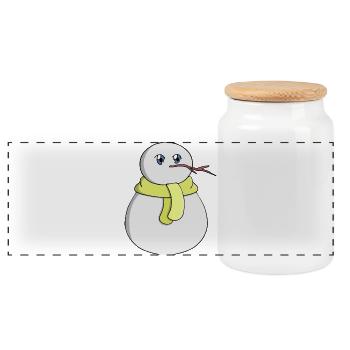 Snowman wearing a yellow scarf - Panoramic Cookie Jar with Wooden Lid - white - Front