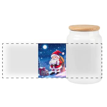 Christmas Man with Gifts Sack - Panoramic Cookie Jar with Wooden Lid - white - Front