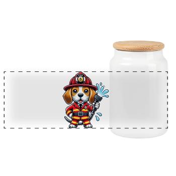 Beagle Feuerwehrmann Design - Panorama Keksdose mit Holzdeckel - Weiß - Vorne