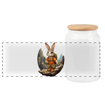 Rabbit Mountaineer / Hiking Rabbit - Panoramic Cookie Jar with Wooden Lid - white - Front