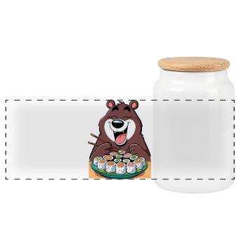 Sushi Bear Happy Maki Cartoon Gift - Panoramic Cookie Jar with Wooden Lid - white - Front
