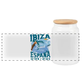 Vintage Design Beach Ibiza Spain - Panoramic Cookie Jar with Wooden Lid - white - Front