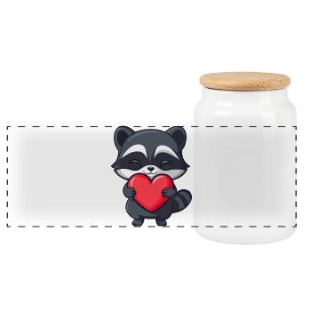 Raccoon Holding a Red Heart - Adorable Cartoon - Panoramic Cookie Jar with Wooden Lid - white - Front