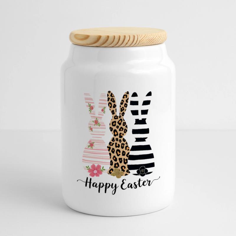 Happy Easter - 3 Easter bunnies wish you a happy Easter Panoramic Cookie Jar with Wooden Lid