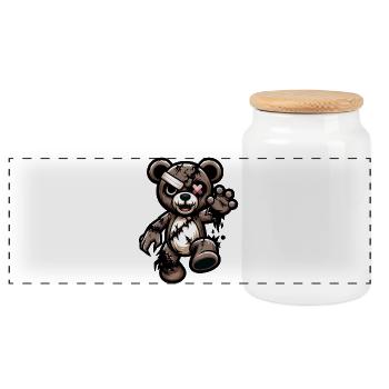 Disheveled teddy bear with scar - Panoramic Cookie Jar with Wooden Lid - white - Front