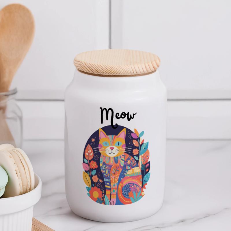 Chat coloré florilège patchwork Boîte à biscuits avec couvercle en bois