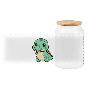 Cute Dino with a Grin - Green - Panoramic Cookie Jar with Wooden Lid - white - Front