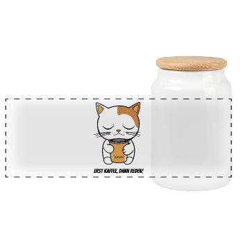 Erst Kaffee, dann reden – Morgenmuffel Katze - Panorama Keksdose mit Holzdeckel - Weiß - Vorne