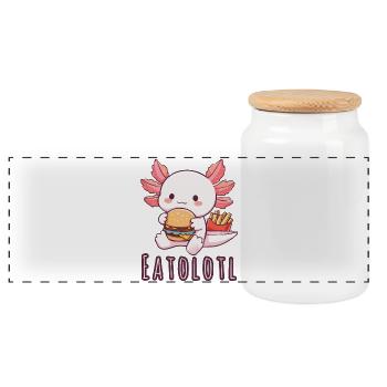 Eatolotl in Action - Panoramic Cookie Jar with Wooden Lid - white - Front