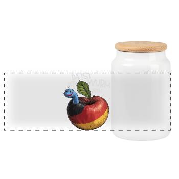 Wurm im Apfel mit Spruch - Panorama Keksdose mit Holzdeckel - Weiß - Vorne