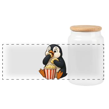 Niedlicher Pinguin mit Popcorn im Kino Filmfreunde - Panorama Keksdose mit Holzdeckel - Weiß - Vorne