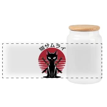 Samurai Ninja Black Cat Japanese Vintage Sunset - Panoramic Cookie Jar with Wooden Lid - white - Front
