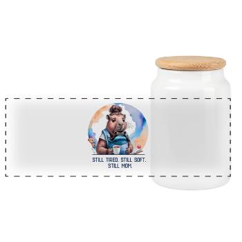 Still Tired. Still Soft. Still Mom. New Mom Design - Panorama Keksdose mit Holzdeckel - Weiß - Vorne