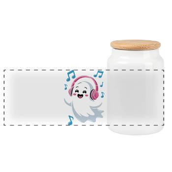 Music-loving Ghost with Headphones - Panoramic Cookie Jar with Wooden Lid - white - Front