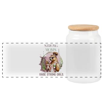 Strong Moms Raise Strong Girls – Calm Motherhood D - Panoramic Cookie Jar with Wooden Lid - white - Front