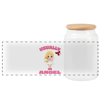 Angel Devil Girl Naughty - Usually an Angel - Panoramic Cookie Jar with Wooden Lid - white - Front