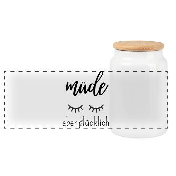 Müde aber glücklich – Mama Shirt Spruch - Panorama Keksdose mit Holzdeckel - Weiß - Vorne