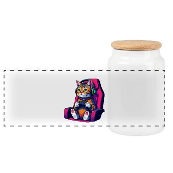 Retro Gamer Cat with Headset and Controller - Panoramic Cookie Jar with Wooden Lid - white - Front