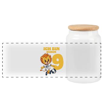 Football Lion - I am already 9 years old - Panoramic Cookie Jar with Wooden Lid - white - Front