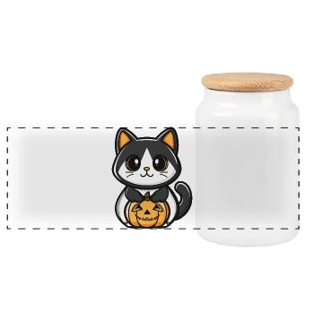 Katze Kürbis Halloween - Panorama Keksdose mit Holzdeckel - Weiß - Vorne