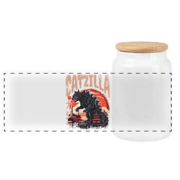 Japanese Kaiju Cat - Panoramic Cookie Jar with Wooden Lid - white - Front