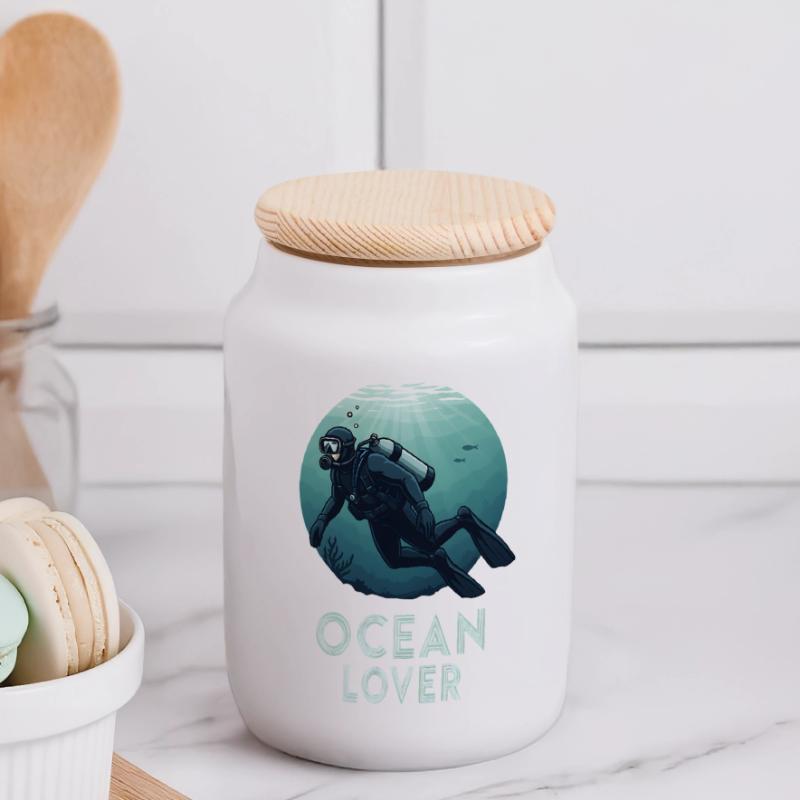 Ocean Lover Diver Panoramic Cookie Jar with Wooden Lid