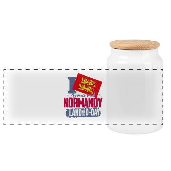 Normandy Design Land with Lion and Flag - Panoramic Cookie Jar with Wooden Lid - white - Front