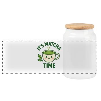 Green Tea Matcha Time Teacup Design Breakfast - Panoramic Cookie Jar with Wooden Lid - white - Front