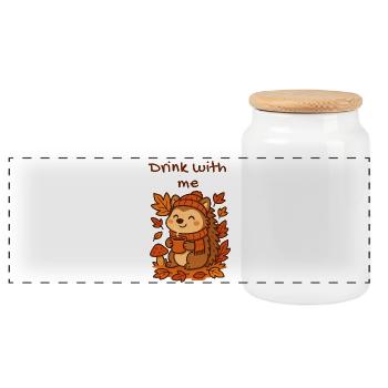Autumn Hedgehog Cocoa Drinking Warm Leaves Design - Panoramic Cookie Jar with Wooden Lid - white - Front