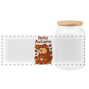 Hello Autumn Hedgehog Cozy Sip Igel Herbst  - Panorama Keksdose mit Holzdeckel - Weiß - Vorne