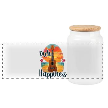 Pick Happiness! Ukulele Sunset - Panoramic Cookie Jar with Wooden Lid - white - Front