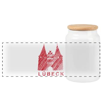 Lübeck Holstentor – Urban Sketch Design - Panorama Keksdose mit Holzdeckel - Weiß - Vorne