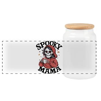 Skeleton woman in red hoodie with coffee - Panoramic Cookie Jar with Wooden Lid - white - Front