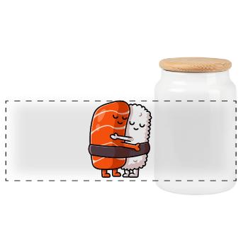 Kawaii Tuna Sushi Hug Each Other Maguro Hugging - Panoramic Cookie Jar with Wooden Lid - white - Front