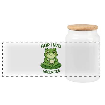 Green Frog Drinking Tea Animals Design - Panoramic Cookie Jar with Wooden Lid - white - Front