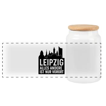 Leipzig Skyline Silhouette Text Design City - Panoramic Cookie Jar with Wooden Lid - white - Front