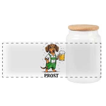 Cheers Beer Dachshund Lederhose Bavaria Traditional Costume Beer Tent - Panoramic Cookie Jar with Wooden Lid - white - Front