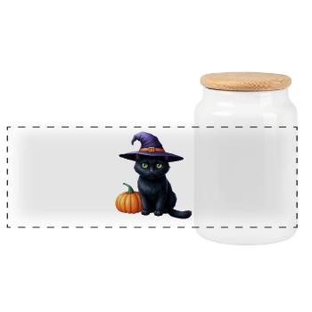 Chat sorcière avec citrouille - Boîte à biscuits avec couvercle en bois - blanc - Devant