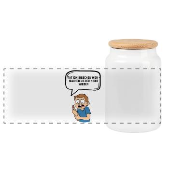 Kleiner Schmerz Warnung Comic Spruch - Panorama Keksdose mit Holzdeckel - Weiß - Vorne