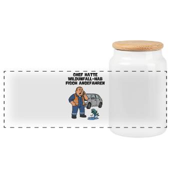 Chief: Wildlife accident with fish - Panoramic Cookie Jar with Wooden Lid - white - Front