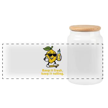 Fresh Lemon Skateboard Citrus Caricature - Panoramic Cookie Jar with Wooden Lid - white - Front