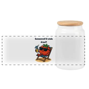 Sun Frost and Proud Tomato Caricature - Panoramic Cookie Jar with Wooden Lid - white - Front