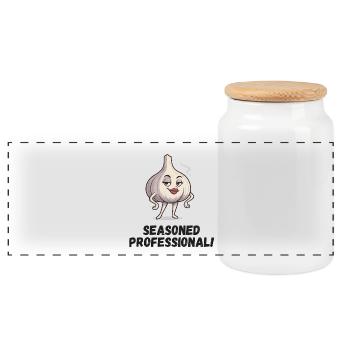 Garlic Lady - Confident Caricature - Panoramic Cookie Jar with Wooden Lid - white - Front
